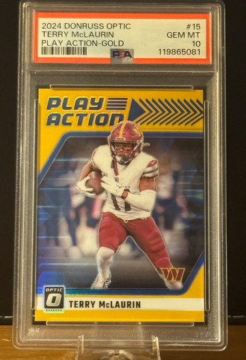 TERRY MCLAURIN PSA 10 2024 PANINI DONRUSS OPTIC 3 PLAY ACTION GOLD PRIZM /10