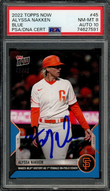 2022 Topps Now #45 ALYSSA NAKKEN Blue /49 PSA 8 AUTO 10 First Female Coach Debut