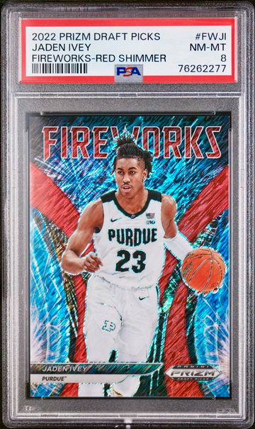 Jaden Ivey RC 2022-23 Panini Prizm Draft Picks Fireworks FOTL Red Shimmer 5/9 SP PSA 8 NM-MT