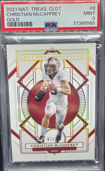 2021 National Treasures Collegiate Christian McCaffrey Gold 7/10 PSA 9 Mint SSP