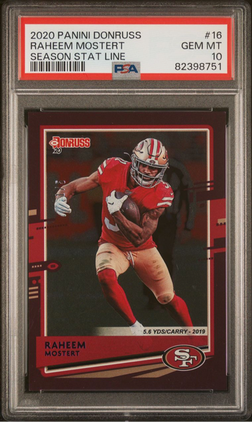 2020 Panini Donruss Raheem Mostert Season Stat Line 1/5 PSA 10 Gem Mint 49ers SP