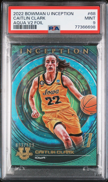 2022-23 Bowman U Inception Caitlin Clark Aqua Foil /199 PSA 9 Mint IOWA 1st SP