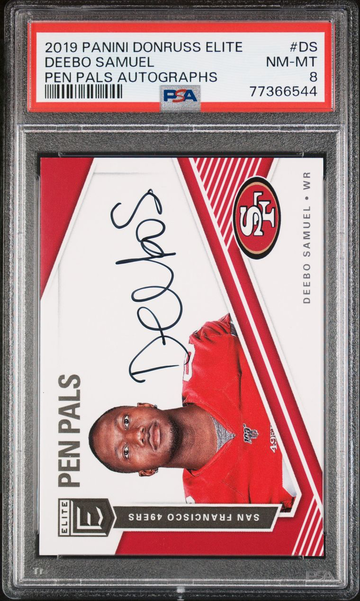 2019 Panini Donruss Elite DEEBO SAMUEL RC Pen Pals On Card AUTO PSA 8 NMMT 49ers