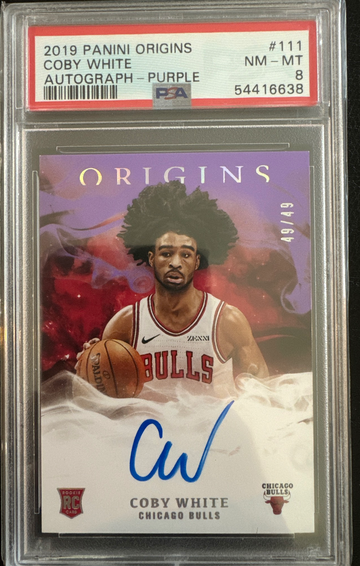 2019-20 Panini Origins Coby White RC FOTL Purple Rookie Auto 49/49 PSA 8 NM-MT Chicago Bulls