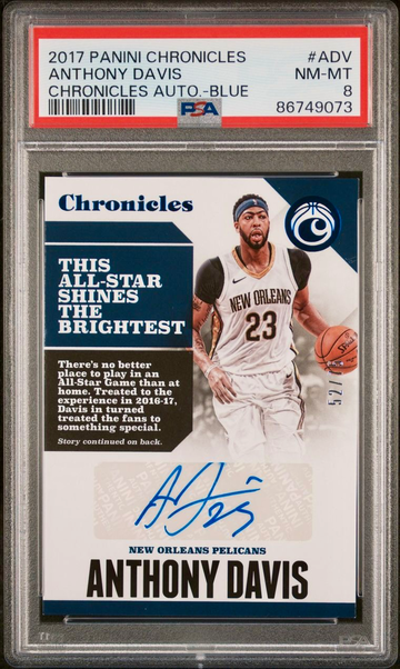 2017-18 Panini Chronicles Anthony Davis Blue Auto 52/75 PSA 8 NM-MT Pelicans SP