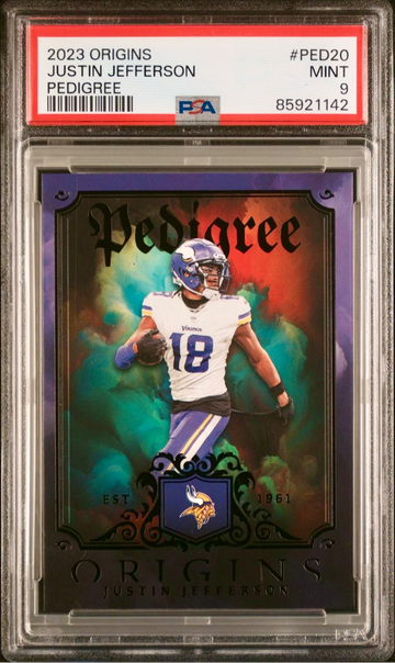 JUSTIN JEFFERSON 2023 PANINI ORIGINS PEDIGREE CASE HIT SSP Vikings PSA 9 Mint