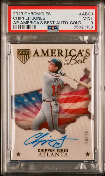 2023 Panini Chronicles Chipper Jones America’s Best Gold Auto 3/15 PSA 9 Mint SSP Braves