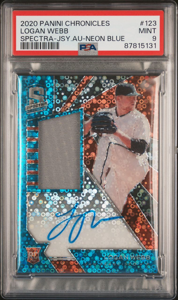 2020 Panini Chronicles Spectra Logan Webb Blue RC Jersey Auto /99 PSA 9 Mint SP