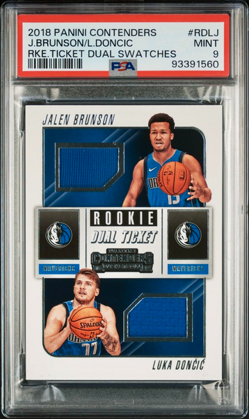 2018 Panini Contenders #RDLJ LUKA DONCIC JALEN BRUNSON RC Dual Swatch PSA 9 MINT