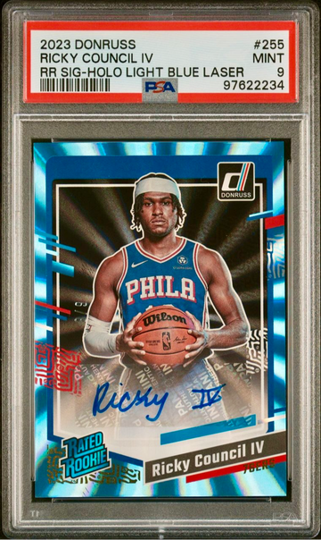 2023 Donruss Rated Rookie Ricky Council 6/8 Light Blue Laser Auto PSA 9 Mint SSP
