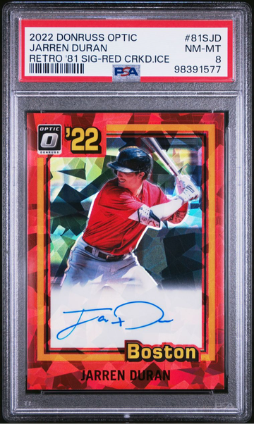 2022 Donruss Optic Red Cracked Ice Jarren Duran RC 1981 Retro Auto /25 PSA 8 SSP