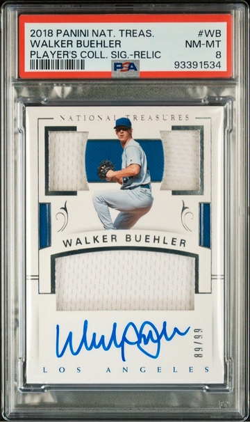 2018 National Treasures WALKER BUEHLER RC Auto Triple Relic /99 LA Dodgers PSA 8