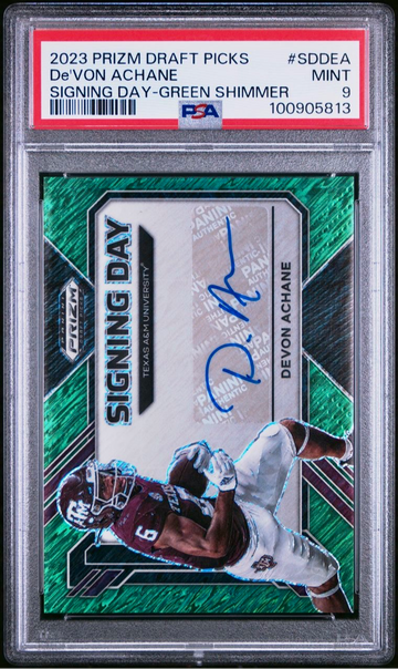 Devon Achane 2023 Prizm Draft Signing Day Auto Green Shimmer 8/8 Texas A&M PSA 9 Mint