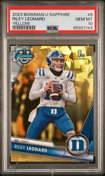Riley Leonard 2023 Bowman Chrome U Sapphire 1st Yellow /75 PSA 10 Gem Mint SP RC