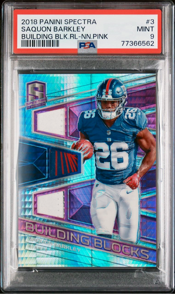 2018 Panini Spectra Saquon Barkley Building Blocks Relics RC Pink /15 PSA 9 Mint