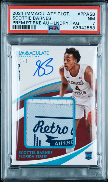 2021 Immaculate Collegiate Scottie Barnes Premium Laundry Tag RC Auto 1/3 PSA 7