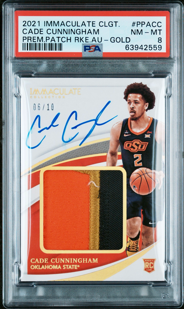 2021 IMMACULATE COLLEGIATE CADE CUNNINGHAM RC PATCH ON CARD AUTO 6/10 PSA 8 OSU