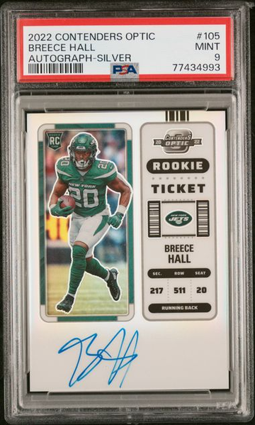 2022 PANINI CONTENDERS OPTIC BREECE HALL ROOKIE AUTO SILVER PRIZM JETS PSA 9