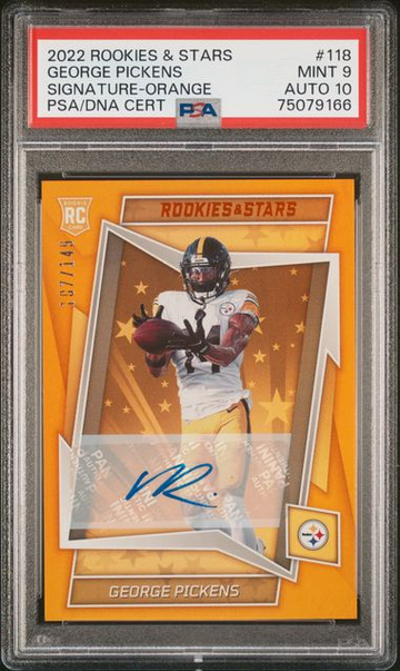 2022 Panini Rookies & Stars George Pickens - Orange Auto RC 107/149 Steelers PSA 9 Auto 10
