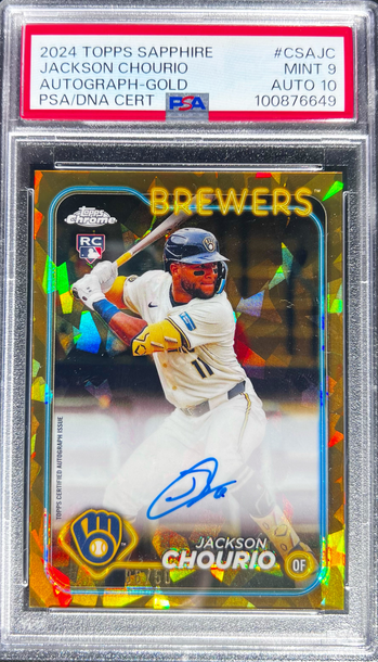 2024 Topps Chrome Sapphire Jackson Chourio Gold /50 Rookie Auto RC PSA 9