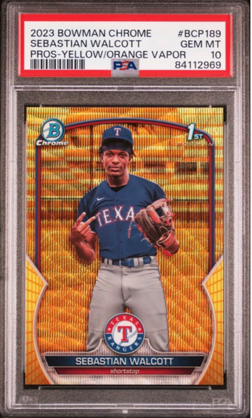 2023 Bowman Chrome Sebastian Walcott Yellow/Orange Vapor Refractor PSA 10