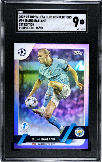 2022-23 Topps UEFA Club Competitions #99 Erling Haaland 1st Edition Purple Foil 15/30 SGC 9