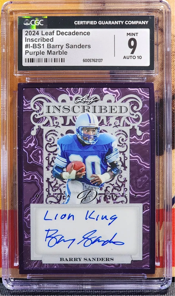 BARRY SANDERS 2024 Leaf INSCRIBED Purple Majestic AUTO LION KING 1/5 CGC 9 JSA 10 Auto LIONS HOF