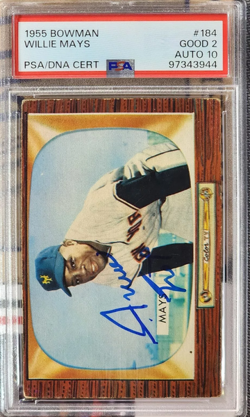 WILLIE MAYS 1955 Bowman #184 SIGNED PSA/DNA 2 Card, 10 Gem Mint Auto NEW YORK GIANTS HOF Beautiful Card!