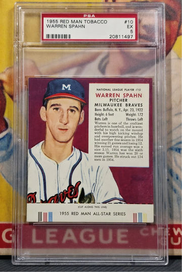 WARREN SPAHN 1955 Red Man Tobacco With Tab #10 PSA 5 EX MILWAUKEE BRAVES HOF