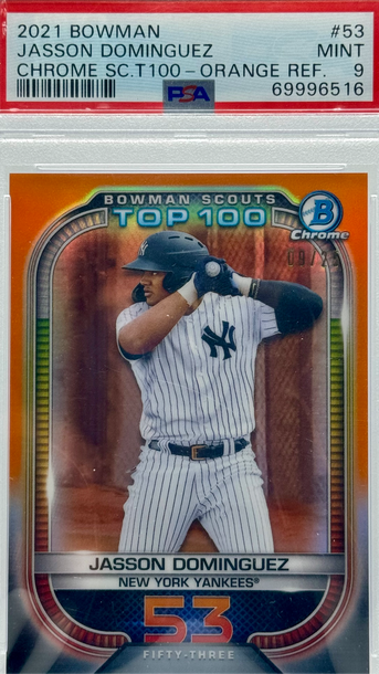 2021 BOWMAN JASSON DOMINGUEZ CHROME SC.T100 - ORANGE REF/25 #53 PSA 9 MINT