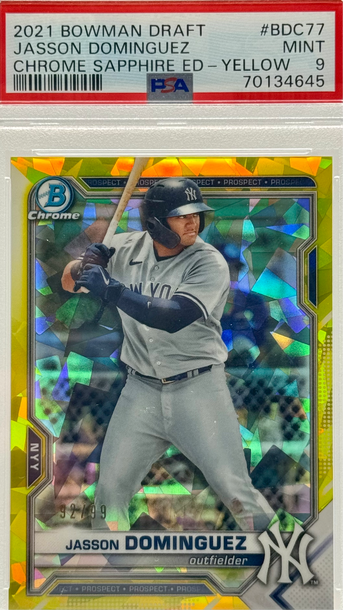 2021 BOWMAN DRAFT JASSON DOMINGUEZ CHROME SAPPHIRE ED - YELLOW/99 #BDC77 PSA 9 MINT