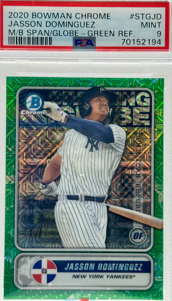 2020 BOWMAN CHROME JASSON DOMINGUEZ M/B SPAN/GLOBE - GREEN REF/99 #STGJD PSA 9 MINT