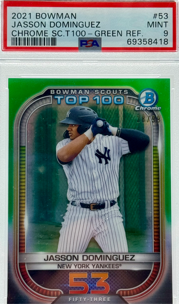 2021 BOWMAN JASSON DOMINGUEZ CHROME SC.T100 - GREEN REF/98 #53 PSA 9 MINT