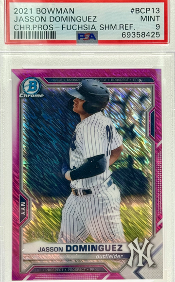 2021 BOWMAN JASSON DOMINGUEZ CHR. PROS - FUCHSIA SHM.REF/199 #BCP13 PSA 9 MINT