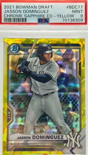 2021 BOWMAN DRAFT JASSON DOMINGUEZ CHROME SAPPHIRE ED - YELLOW/99 #BDC77 PSA 9 MINT