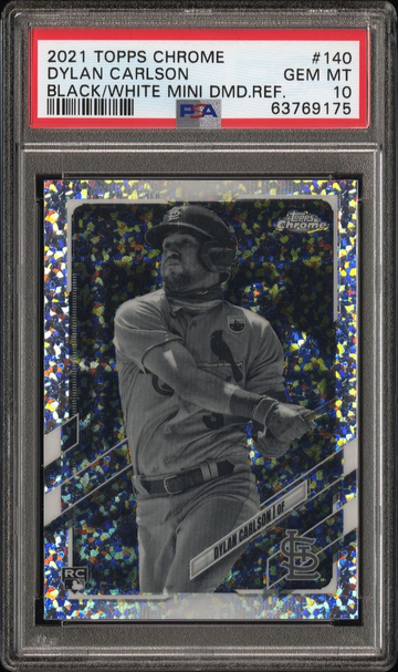 2021 TOPPS CHROME 140 DYLAN CARLSON BLACK/WHITE MINI DIAMOND REFRACTOR ROOKIE PSA 10