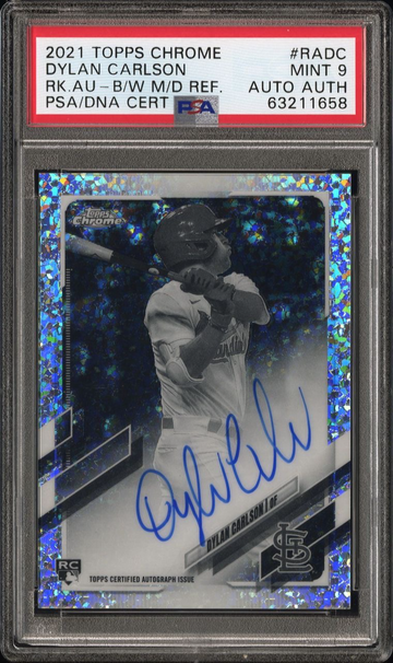 2021 TOPPS CHROME ROOKIE AUTOGRAPHS RADC DYLAN CARLSON BLACK/WHITE MINI DIAMOND REFRACTOR PSA 9
