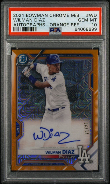 2021 BOWMAN CHROME MEGA BOX AUTOGRAPHS WD WILMAN DIAZ ORANGE # /25 REFRACTOR 1st Prospect PSA 10