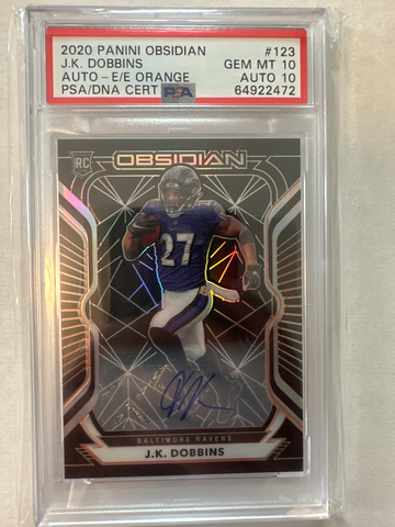 2020 Panini Obsidian J.K. Dobbins Auto #123 Electric Etch Orange 9/75 PSA 10 Auto 10