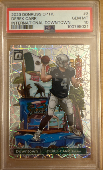 2023 Donruss Optic Derek Carr #3 International Downtown PSA 10