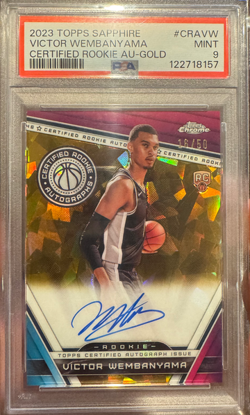 2023-24 Topps Chrome Sapphire VICTOR WEMBANYAMA #16/50 Gold RC Auto PSA 9
