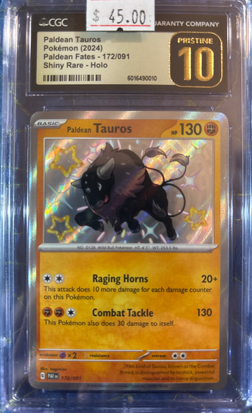 2024 Paldean Tauros Paldean Fates 172/091 Shiny Rare CGC 10 Pristine