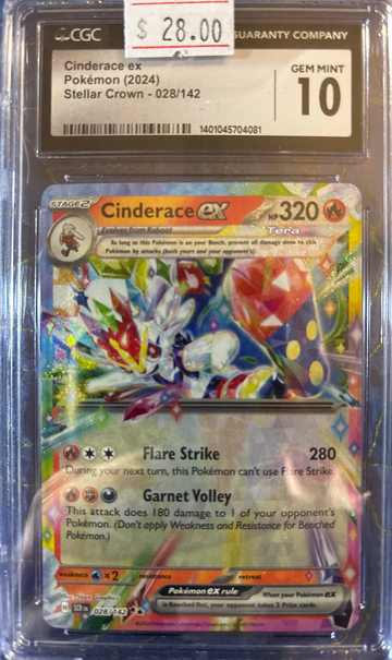 2024 Pokémon Cinderace ex Stellar Crown 028/142 CGC 10 Gem Mint