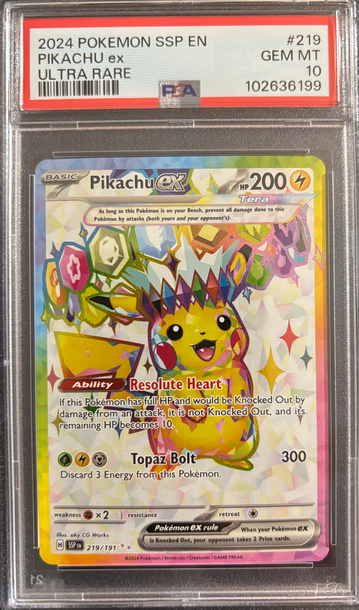2024 Pokémon Pikachu ex Surging Sparks 219/191 PSA 10 Gem Mint