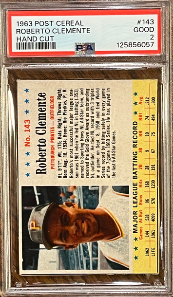 1963 Post Cereal # 143 hand cut Roberto Clemente PSA 2