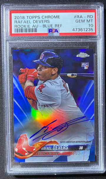 2018 Topps Chrome Rafael Devers Blue Refractor Rookie Auto PSA 10