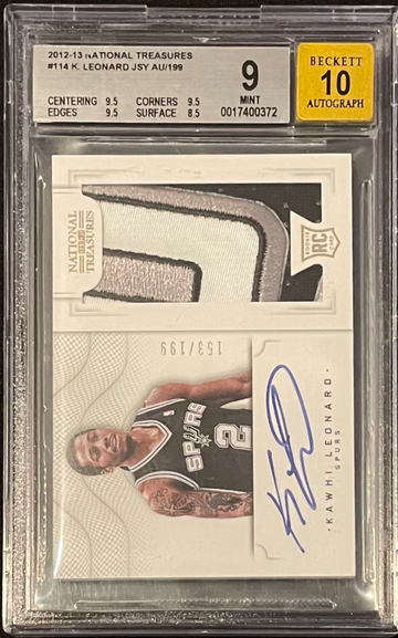 2012-13 Panini National Treasures Kawhi Leonard Rookie Patch Auto RPA #114 /199 BGS 9 Mint Auto 10