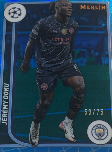 2023-24 Topps Merlin Chrome UEFA Jeremy Doku Blue Refractor /75
