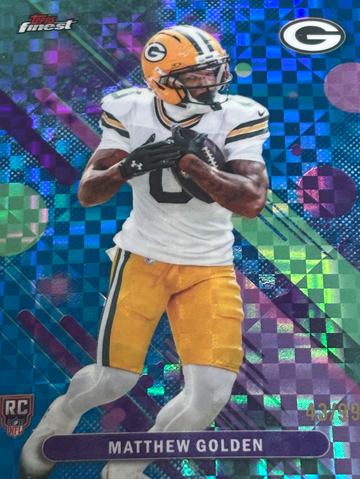 2025 Topps Finest #25 Matthew Golden Blue Geometric Refractor /99 RC Packers NFL