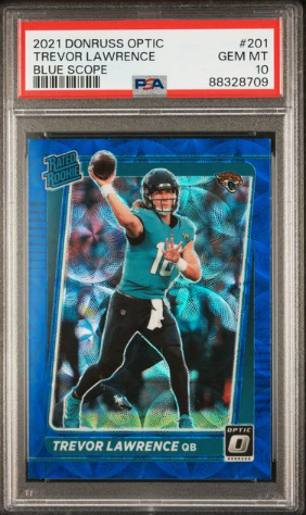 2021 DONRUSS OPTIC TREVOR LAWRENCE #201 BLUE SCOPE PRIZM RATED ROOKIE PSA 10